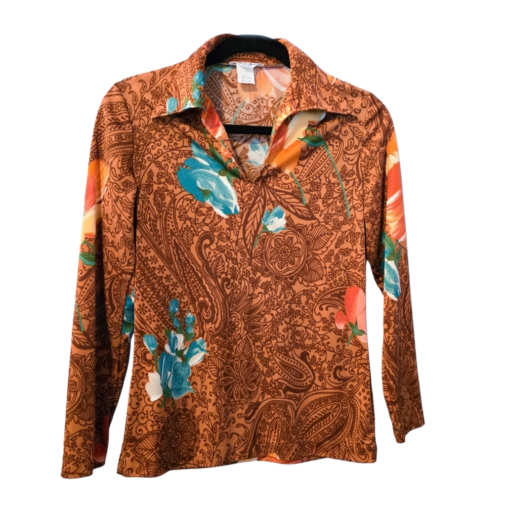 Vintage Paisley Brown 70s Top Floral Long Sleeve Mardi Modes Small